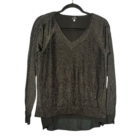 Lucky Brand Metallic Shimmer VNeck Knit Mixed Media Boho Chiffon Black Sweater M - Picture 3 of 8